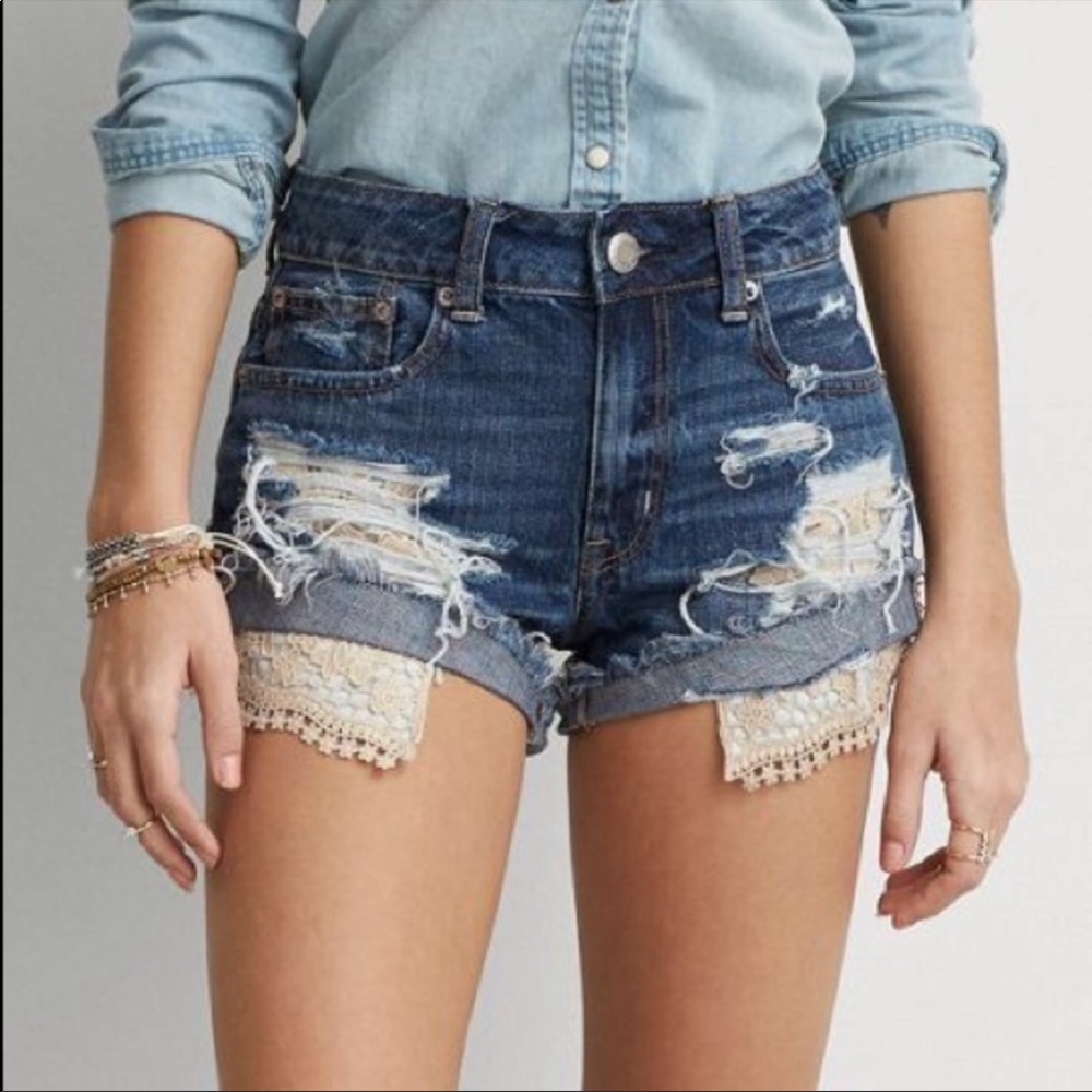 American Eagle Hi-Rise Festival Ripped Jean Shorts With Lace Pockets